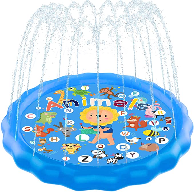 Kidcia Splash Pad, 68” Sprinkler for Kids & Toddlers, Kids Sprinkler Pool for Outdoor Summer Game & Party, Wading Pool for Learning-A-Z Alphabet & Animals Educational Design