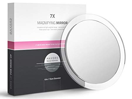 7X Magnifying Bathroom Mirror, Precise MakeUp Application and Facial Procedures, 3 Suction Cups - More Stable, Easy Mount, Travel - 6 Inch Magnified Mirror With Clear Frame By Mavoro Beauty Essentials