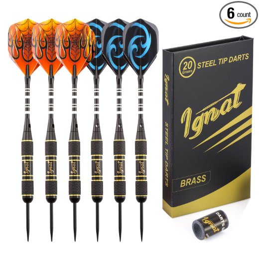 Ignat Games Professional Dart Set - Steel Tip Darts with Aluminum Shafts and 2 Style Flights   Darts Sharpener   Case, 6 pack Brass Darts