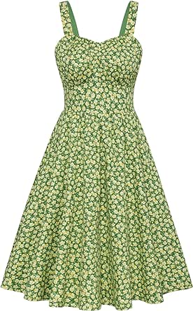 Belle Poque Women's Vintage Sleeveless Solid Floral Ruched Summer Cute A-Line Flowy Swing Midi Dress