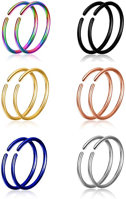 Tornito 8-12PCS 22G-20G-18G 316L Steel Nose Ring Lip Daith Cartilage Helix Tragus Hoop Ring