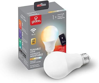 Globe Electric Wi-Fi Smart 10 Watt (60W Equivalent) Tunable White Dimmable Frosted Led Light Bulb, No Hub Required, Voice Activated, 2000K - 5000K, A19 Shape, E26 Base 34204