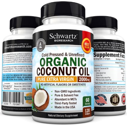 Organic Coconut Oil 2000mg. Highest Grade Extra Virgin Coconut Oil for Skin, Healthy Weight Loss, Hair Growth. Cold Pressed & Non-GMO Coconut Oil Capsules. Unrefined Coconut Oil Rich in MCFA and MCT