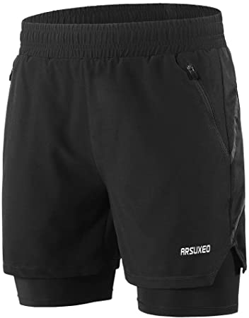 Lixada Men's 2-in-1 Running Shorts Quick Drying Breathable Active Training Exercise Jogging Workout Shorts with Zipper Side Pockets/Back Pocket, Longer Liner & Reflective Elements