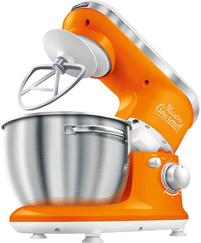 Sencor STM3623OR 6 Speed Stand Mixer with Pouring Shield and 4 Specialized Metal Attachments and Stainless Steel Bowl, 4.2 Qt, Orange