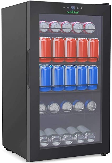 132-Can Canned Beverage Mini Fridge - 18.69 Gallon Freestanding/Kitchen Countertop Black Electric Beverage Center Cooler Soda Beer Refrigerator w/Built-in Fan, Clear Glass Door - NutriChef PKTEBC80