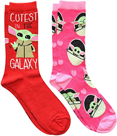 Star Wars Juniors/Ladies Baby Yoda Crew Socks 2 Pair Pack Size 4-10 Red/Pink