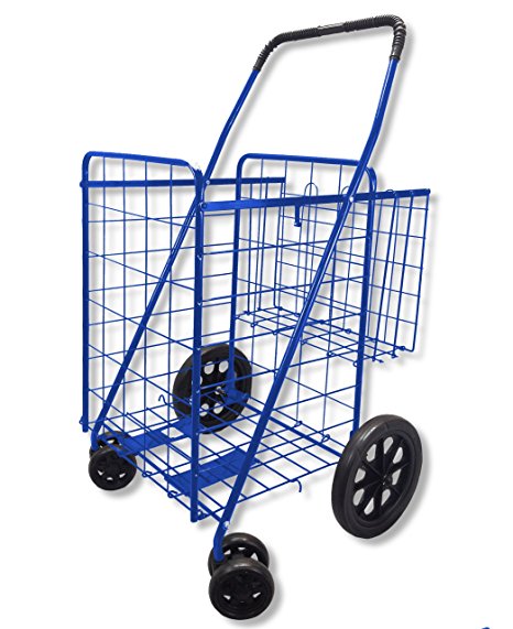 Folding Shopping Cart DOUBLE BASKET SWIVEL Wheel Jumbo 360 Easy Rotation WITH FREE LINER AND CARGO NET by SCF (BLUE WITH BLACK LINER)