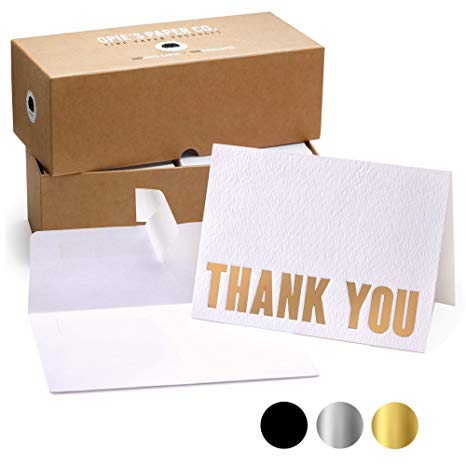 100 Letterpress Thank You Cards and Self Seal Envelopes - Opie’s Paper Company (Gold)