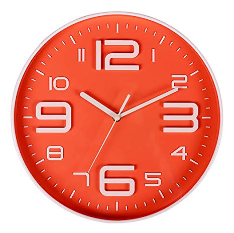 Epy Huts  Modern Wall Clock Indoor Non Ticking Movement 10 Inch Big 3D Numerals Wall Clocks Battery Operated for Bedrooms,Decorative Living Room,Kitchen Orange