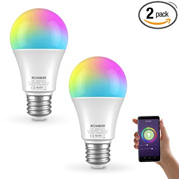 Kohree Smart Light Bulb Compatible, RGBCW Wi-Fi LED Bulb A19[7W 600LM], Multi-Color, Dimmable, No Hub Required, Free APP Remote Controlled, 60W Equivalent (2 Packs)