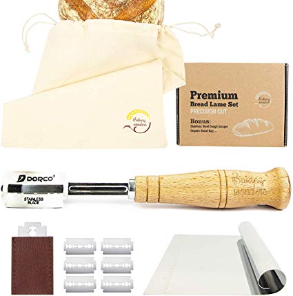 Bread Lame Set Hand Crafted - Premium Pack Dough Scoring Blade Tool with Authentic Leather Protective Cover Stainless Steel Dough Scraper Organic Cotton Bread Bag for Professional and Home Bakers