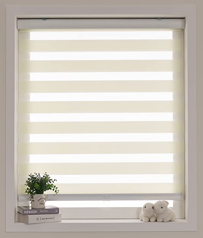 Cordless Custom Zebra Roller Shades and Blinds [Cordless Basic, Ivory, W 35 x H 56 inch] Dual Layer Sheer or Privacy Light Control, Day and Night Window Drapes, 24 to 70 inch Wide