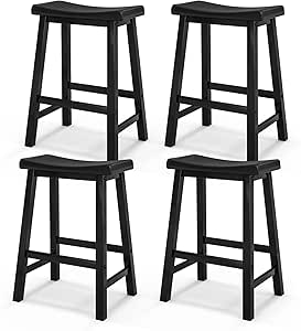 COSTWAY Saddle Stools Set of 4, 24-inch Counter Height Barstools with Solid Wood Legs & Footrests, Modern Backless Stools with Saddle Seat for Kitchen Counter, Island, Home Bar, Black