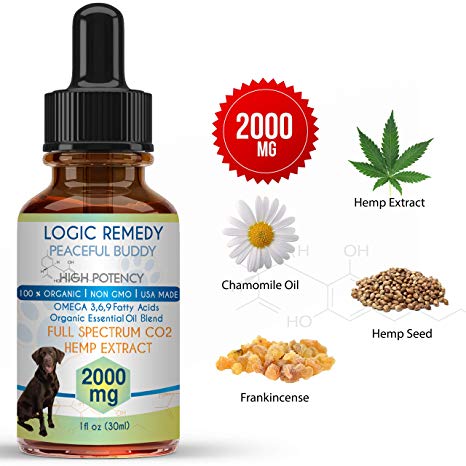 LOGIC REMEDY (2000mg Organic Hemp Extract & Essential Oil Blend & Omega-3,6,9 Fatty Acids for Dogs & Cats/Vegan/Peaceful Buddy Fights Stress, Separation Anxiety & Improves Hip Joint Health