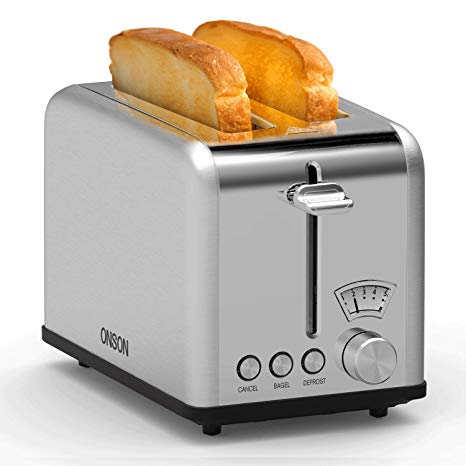 ONSON 2 Slice Toaster Stainless Steel,Bagel Toaster - 5 Bread Shade Settings,Bagel/Defrost/Cancel Function,Extra Wide Slots, Removable Crumb Tray, Stainless Steel Grill, Suitable for Croissants,and Various Bread Types (825W, Silver)