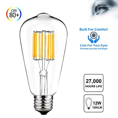 E26 LED Light Bulbs 12W Incandescent Equivalent 120W 1200 Lumens Warm White 2700K ST64 Edison Bulb Vintage Filament Clear Glass Non-Dimmable 1 Pack