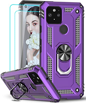 LeYi Google Pixel 5 Case (2020) with [2 Pack] Tempered Glass Screen Protector, [Military-Grade] Defender Protective Phone Case with Ring Magnetic Kickstand for Google Pixel 5, Purple