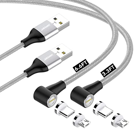 JianHan USB Magnetic Cable,2Pack [3.3  6.6ft] Type C   Micro USB 2 in 1 Magnetic Charging Cable 90 Degree Right Angle with Led Light for Samsung S20,S10,S9,S8,Note 8 9 10,S7 S6 S6 Edge,Kindle (Silver)