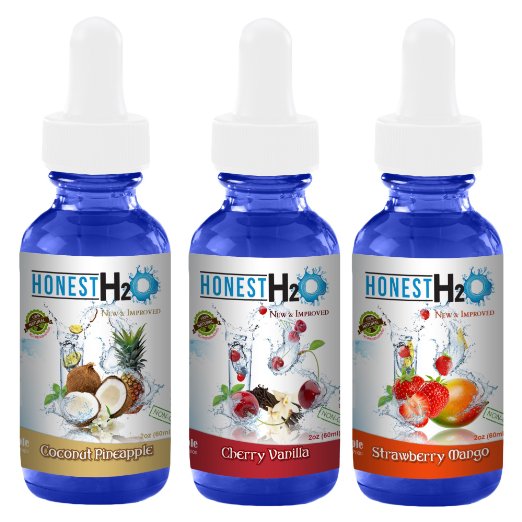Water Enhancer-Honest H2O-From Stevia Select-Water Flavoring 2 Oz. Glass Bottles-3 Variety Pack Cherry Vanilla-Strawberry Mango, Coconut Pineapple-Natural Water Flavoring- Lightly Sweetened With Stevia-0 Calories-Sugar Free- Satisfaction Guaranteed!