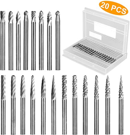 Solid Carbide Burr Set 20PCS, 1/8 Inch Shank Tungsten Files, Fits Most Rotary Drill Die Grinder for Woodworking, Engraving, Carving and Drilling