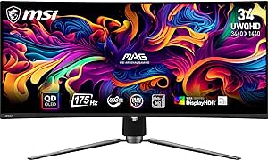 MSI MPG 341CQPX QD-OLED 34-inch Curved OLED Gaming Monitor, 3440 x 1440 (UWQHD), 0.03ms Response time, 240Hz, True Black HDR 400, HDMI, DP Port, USB Type C, Tilt, Height Adjustable