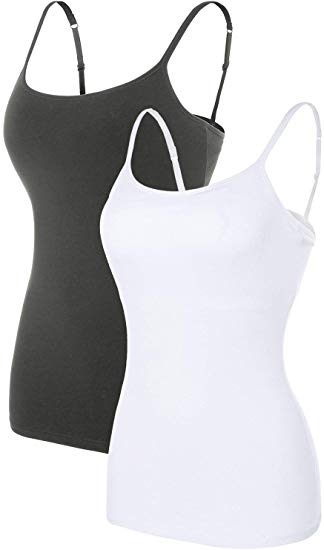 ATTRACO Women Basic Cami Adjustable Spaghetti Strap Built in Bra Tank Top 2 Pack