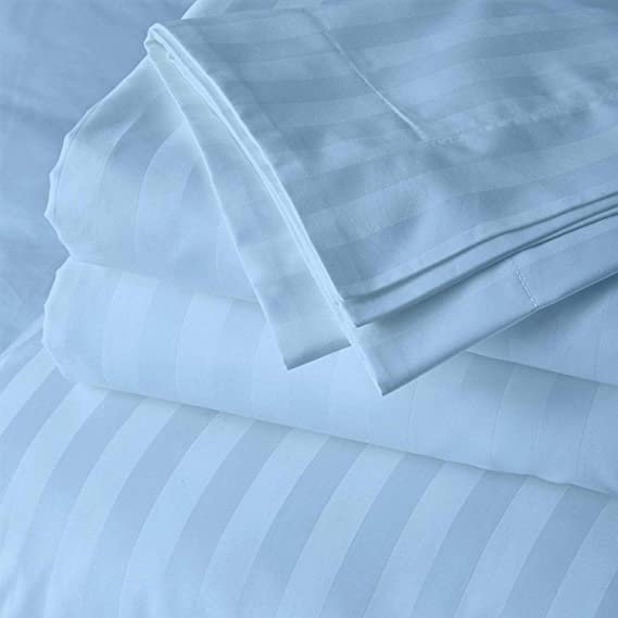 Full Size 100% Egyptian Cotton 800 Thread Count 4 Piece Sheets Set - 18" Inch Deep Pocket, Smooth & Soft Sateen Weave, Premium Quality Hotel Bedding, Light Blue Striped