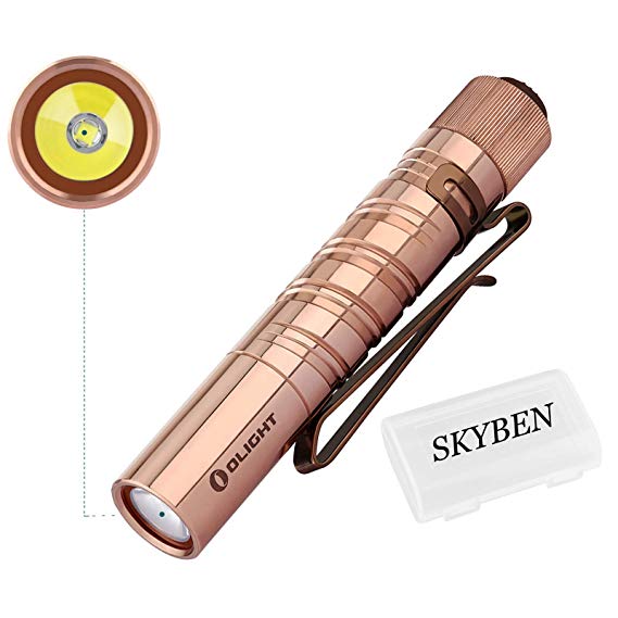 Olight I3T EOS CU 180 Lumens Limited Copper Version Slim EDC Flashlight with LUXEON TX CW LED,60 Meters Tail Switch,Powered by AAA Battery, with SKYBEN Battery Case (Copper)