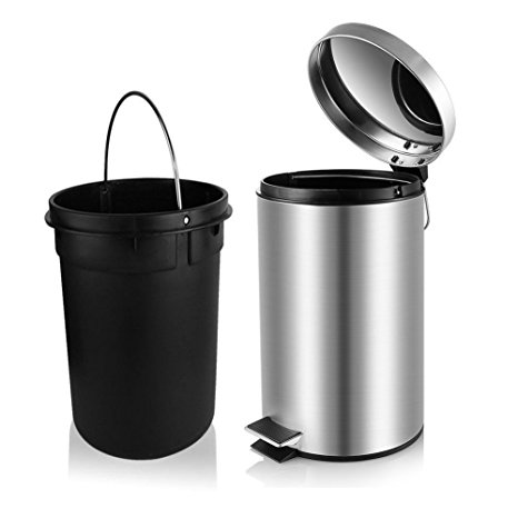 Fortune Candy Anti-Fingerprint Brushed Stainless Steel Trash Can with Soft Close Lid,Removable Inner Wastebasket,Small Round Step Trash Can for Bathrrom Bedroom Office,1.3Gal/5L