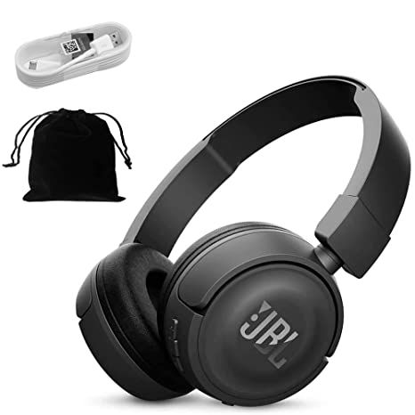 JBL T450BT Wireless On-Ear Headphones with Built-in Remote and Microphone, Includes Bonus Extended 5ft Charging Cable and Velvet Storage Pouch - Black