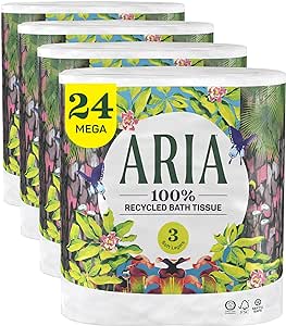 Aria 100% Recycled Toilet Paper, 4 Packs of 6 Rolls, 3 Soft Layers of Bath Tissue with Recyclable Paper Packaging