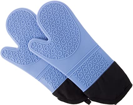 Silicone Oven Mitts – Extra Long Professional Quality Heat Resistant with Quilted Lining and 2-sided Textured Grip – 1 pair Blue by Lavish Home