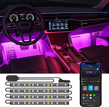 Govee Interior Car LED Strip Lights, RGB Car LED Lights with APP Control, Multi-Color, Music Sync Mode, DIY Mode, Gift Set, 4 Pcs with 48 LED Strip Lghts Total for Cars, Trucks, SUVs, DC 12V