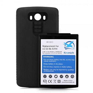 Kranich LG G3 8000mAh Extended Battery Replacement with Specialized TPU Protective Cover Case