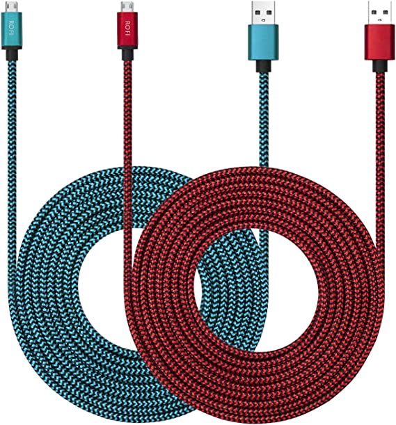 Micro USB Cable 10ft with 3A Fast Charging, 2Pack Ultra Durable 10ft Nylon Braided Charger Cords for Galaxy S7/S6/J8/J7 Note 5,Kindle,LG,PS4,Camera,Xbox One and More (Red   Blue)