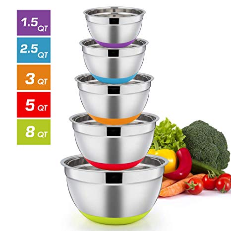 Mixing Bowls Set of 5, P&P CHEF Stainless Steel Mixing Nesting Salad Bowl, Size 8-5 - 3-2.5 - 1.5 QT for Mixing Prepping Serving, Measurement Marks & Non-Slip Silicone Bottom, Dishwasher safe