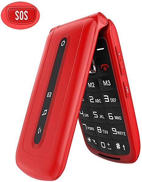 Ushining Unlocked Flip Mobile Phone for Seniors with SOS Big Button on The Back, SIM-Free Dual SIM Dual Standby Quick Dial Key Easy to use Backup Clamshell Phones for elderly(Red）