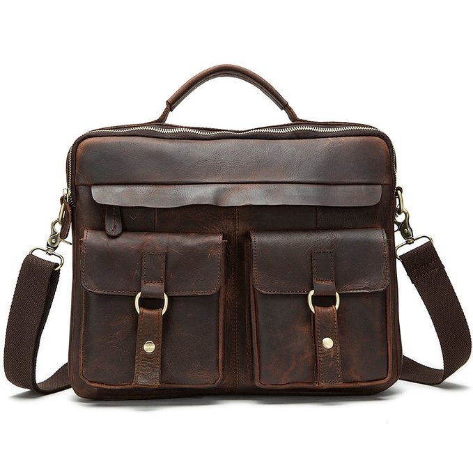Harrms Genuine Brown Leather Shouler Briefcase,Laptop Bags For Men 100% Italian Cowhide