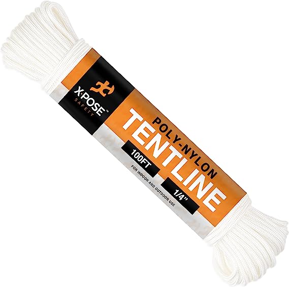 Tent Line Nylon Rope - 100 Ft Rope - White Reflective Nylon Cord for Guyline - Camping Rope, Tent Tie Downs, Guy Lines for Camping Tarp, Tie Down Rope - Tent Accessories & Cordage for Outdoor Shelter