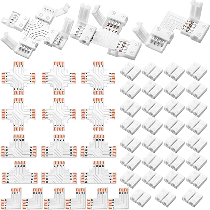 40 Pieces LED Strip Lights Connectors 4-Pin RGB Strip Lights Connectors T-Shape Solderless LED Adapter Connectors L-Shape X-Shape 10 mm Solderless Connector for 5050 RGB Strip Light Extension