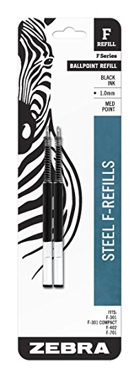 Zebra F-Series Ballpoint Stainless Steel Pen Refill, Medium Point, 1.0mm, Black Ink, 2-Count