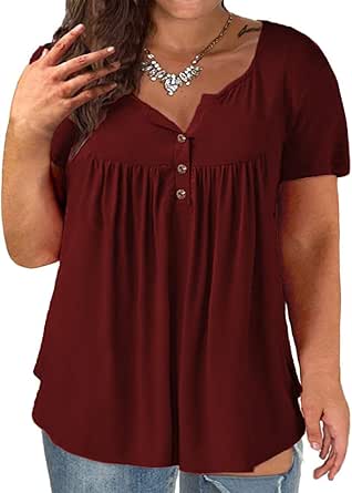 Plus-Size Tops for Women Summer Henley Shirts Flowy Tunics Tee