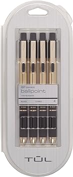 TUL® BP Series Retractable Ballpoint Pens, Medium Point, 1.0 mm, Black Barrels With Gold Block, Black Ink, Pack Of 4 Pens