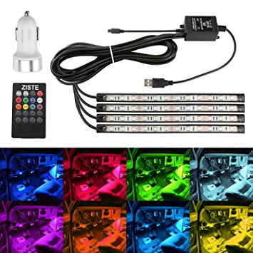 ZISTE 4-Pieces Car Led Strip Light,Multi Color LED Interior Underdash Lighting Kit,With Sound Active Function and Wireless Remote Control,Dual Smart USB Ports