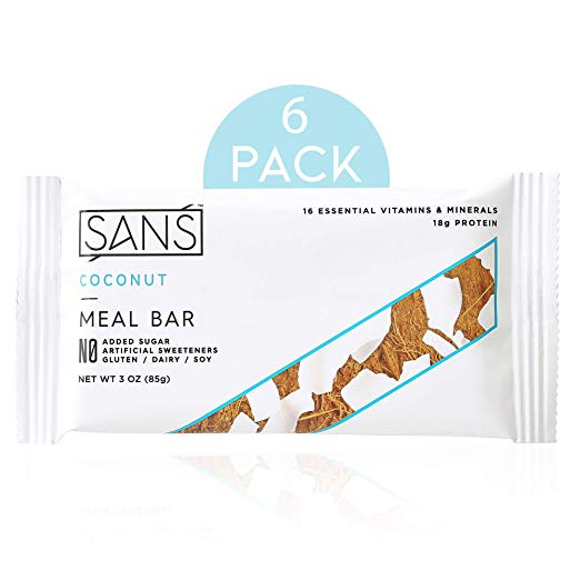 SANS Coconut Meal Replacement Protein Bar | All-Natural Nutrition Bar With No Added Sugar | Dairy-Free, Soy-Free, and Gluten-Free | 16 Essential Vitamins and Minerals | (6 Pack)