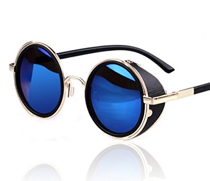 Hot Steampunk Retro Style 50s Silver & Black Frame Round Blue Mirror Lens Glasses Blinder Beach Sunglasses