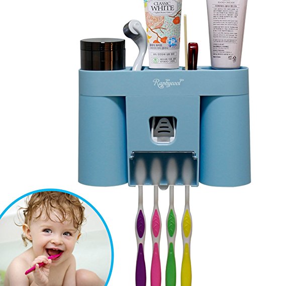 Kids Toothbrush Holder Toothpaste Dispenser with 2 Magnetic Suction kids Tooth Brush Cups, Raphycool Wall Mounted Toothpaste Squeezer Bathroom Organizer Countertop.(Blue)