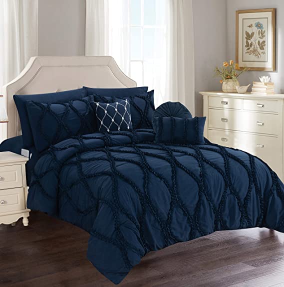 Elegant Comfort Luxury Best, Softest, Coziest 10-PIECE Bed-in-a-Bag Infinity Design Comforter Set, Includes Bed Sheet Set with Double Sided Storage Pockets and Decorative Pillows, Full/Queen,Navy Blue