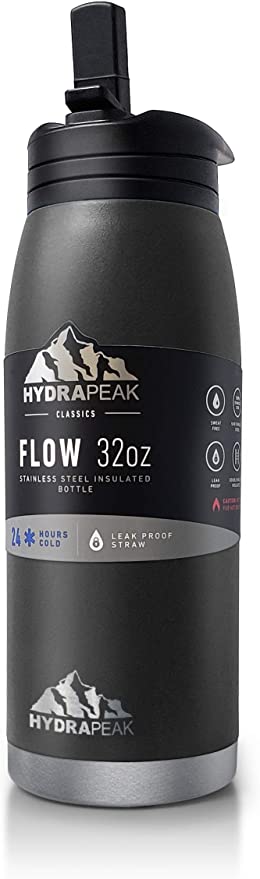 Hydrapeak Flow 32oz Stainless Steel Water Bottle | Vacuum Insulated Thermos | BPA-Free and Leak-Proof | Wide Mouth Flask with Bite Straw Non-Slip Handle | On The Go Personal Canteen